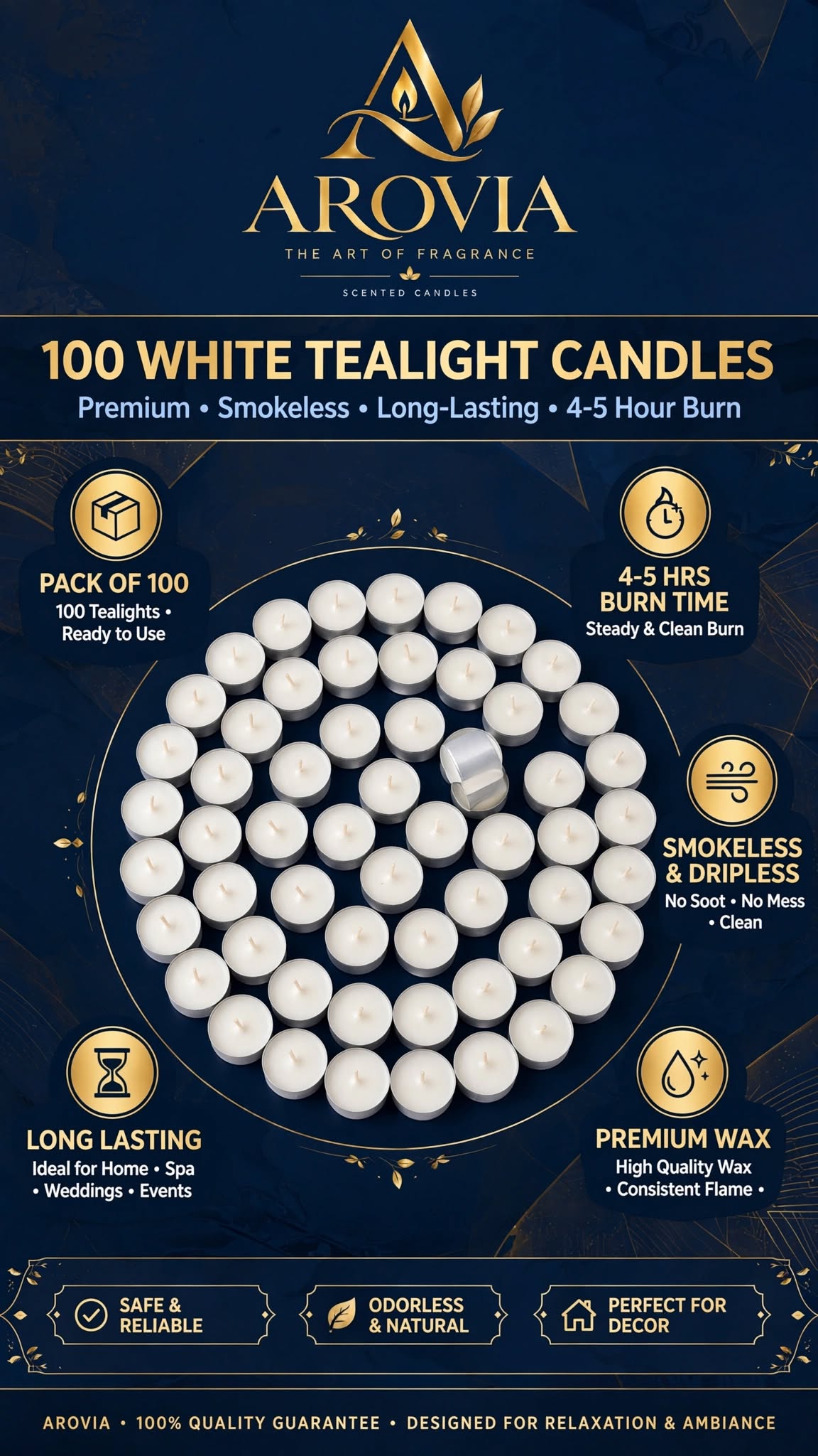 AROVIA White Tealight Candles Pack of 100 | 4-5 Hours Burn Time Each | Smokeless, Dripless & Long Lasting Tealight | Premium Wax | For Diwali, Christmas, Home Decor, Events