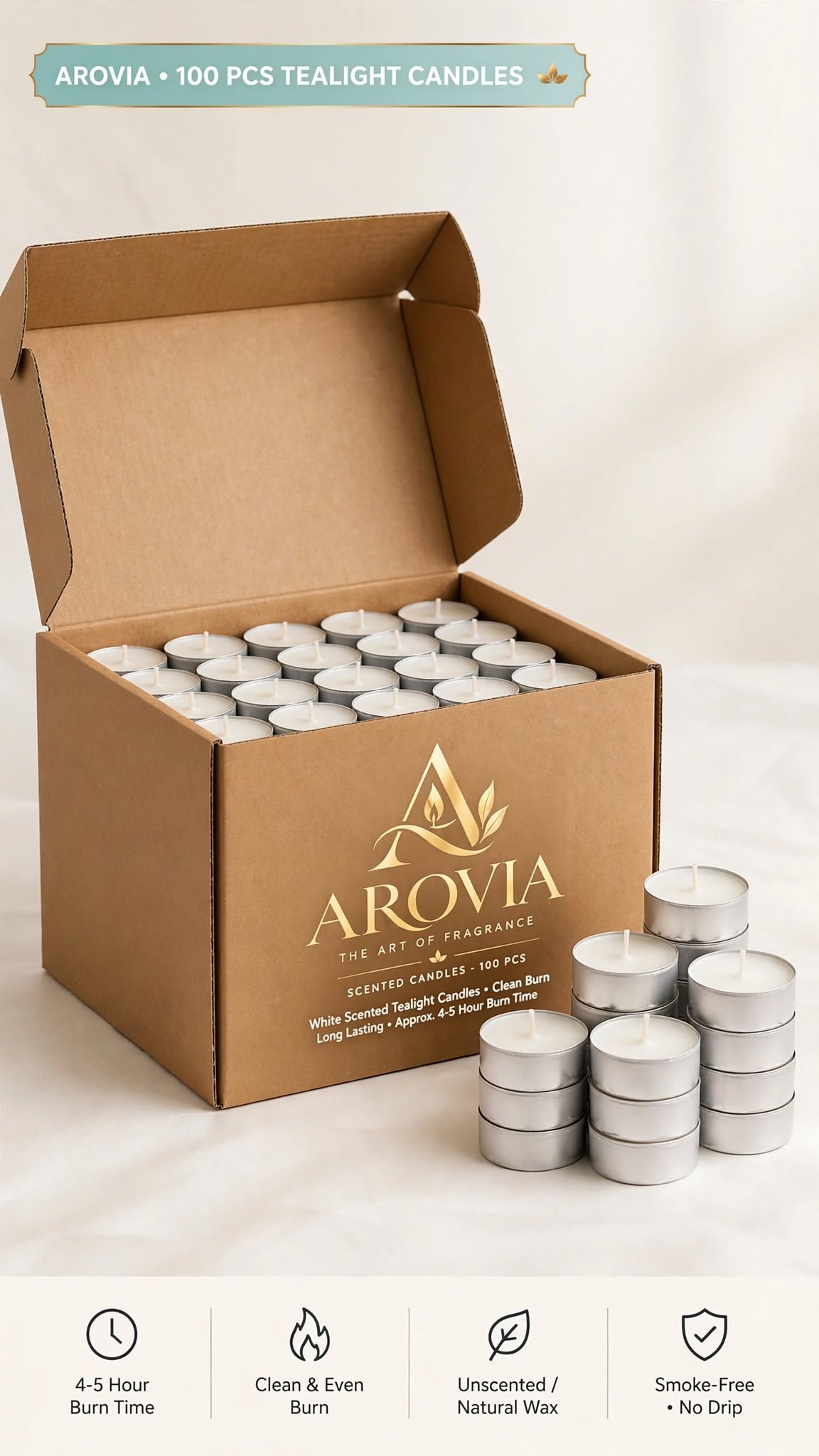 AROVIA White Tealight Candles Pack of 100 | 4-5 Hours Burn Time Each | Smokeless, Dripless & Long Lasting Tealight | Premium Wax | For Diwali, Christmas, Home Decor, Events