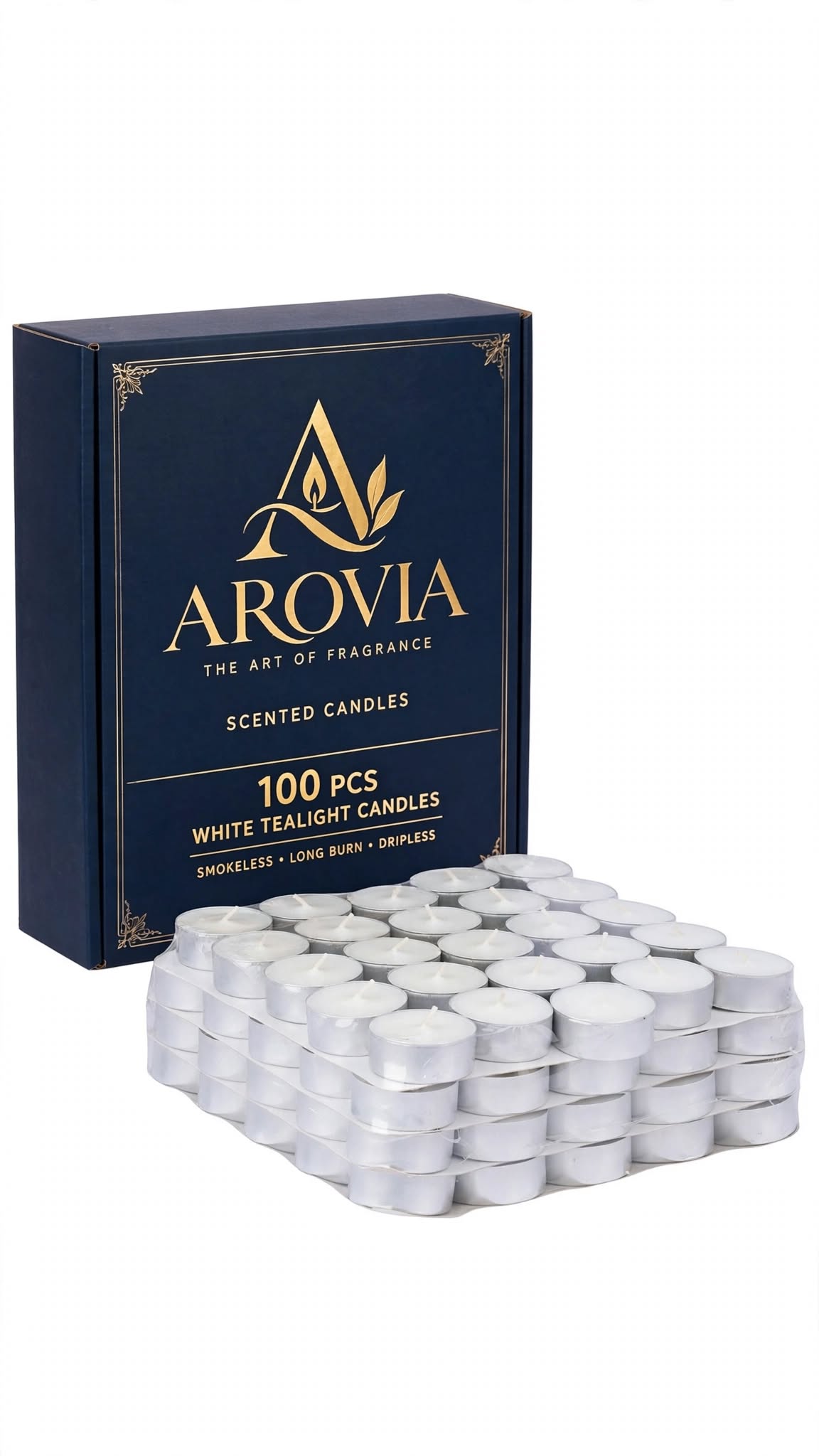 AROVIA White Tealight Candles Pack of 100 | 4-5 Hours Burn Time Each | Smokeless, Dripless & Long Lasting Tealight | Premium Wax | For Diwali, Christmas, Home Decor, Events