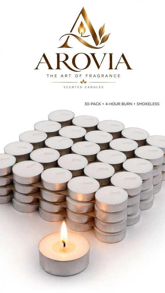 AROVIA White Tealight Candles Pack of 100 | 4-5 Hours Burn Time | Smokeless & Dripless | Premium Wax Tealight Candles | Bulk Pack for Diwali, Christmas, Home Decor, Events, Restaurants