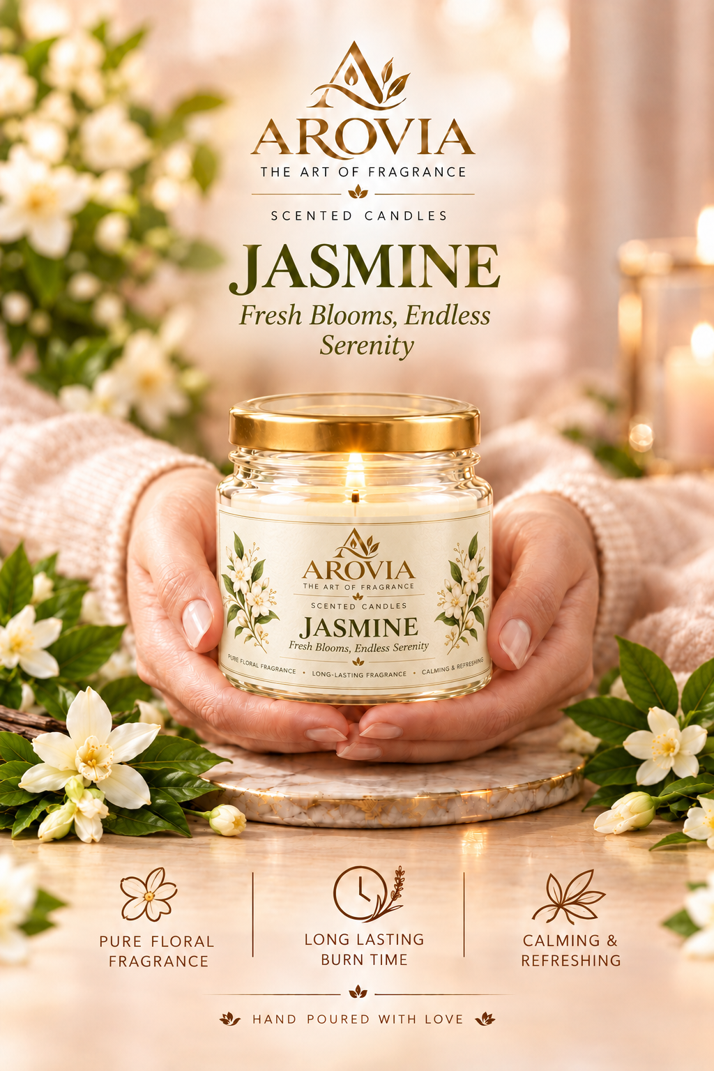 AROVIA Jasmine Scented Candle – Premium Floral Fragrance with Elegant Gold Lid | Pack of 4