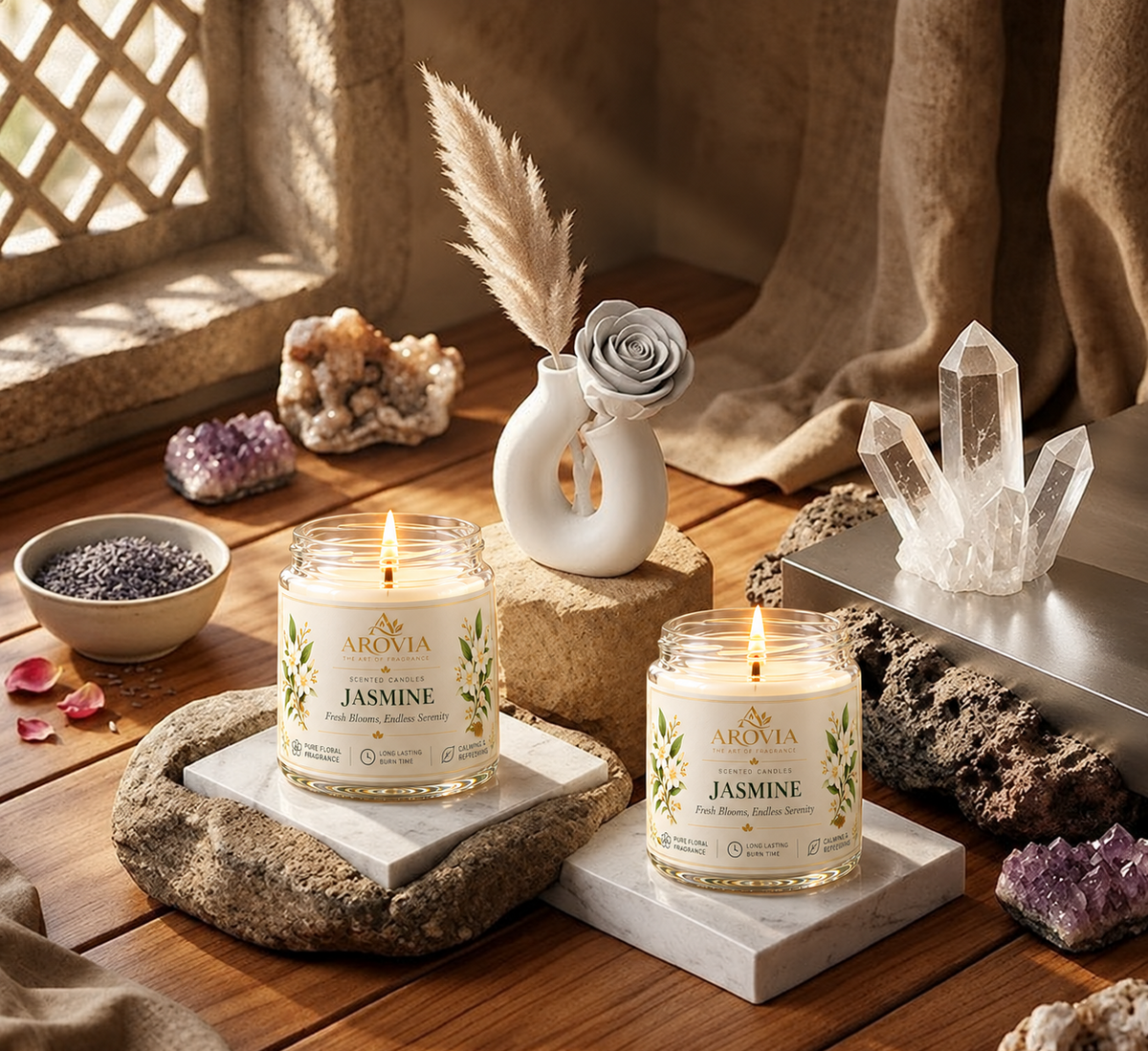 AROVIA Jasmine Scented Candle – Premium Floral Fragrance with Elegant Gold Lid | Pack of 4