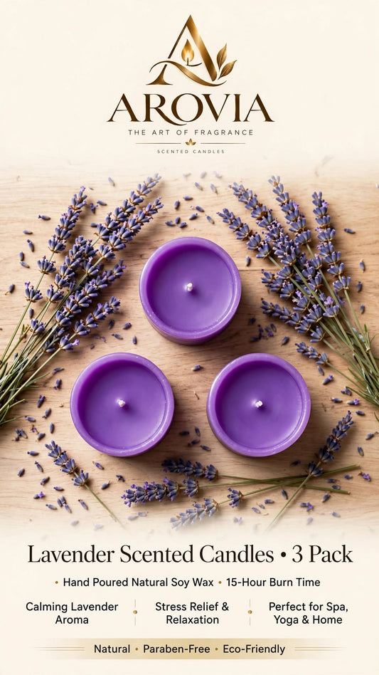 AROVIA Lavender Scented Candles | Pack of 3 Purple Aromatherapy Candles | 100% Natural Soy Wax | 20+ Hours Burn Time | Stress Relief, Relaxation & Meditation | Hand Poured