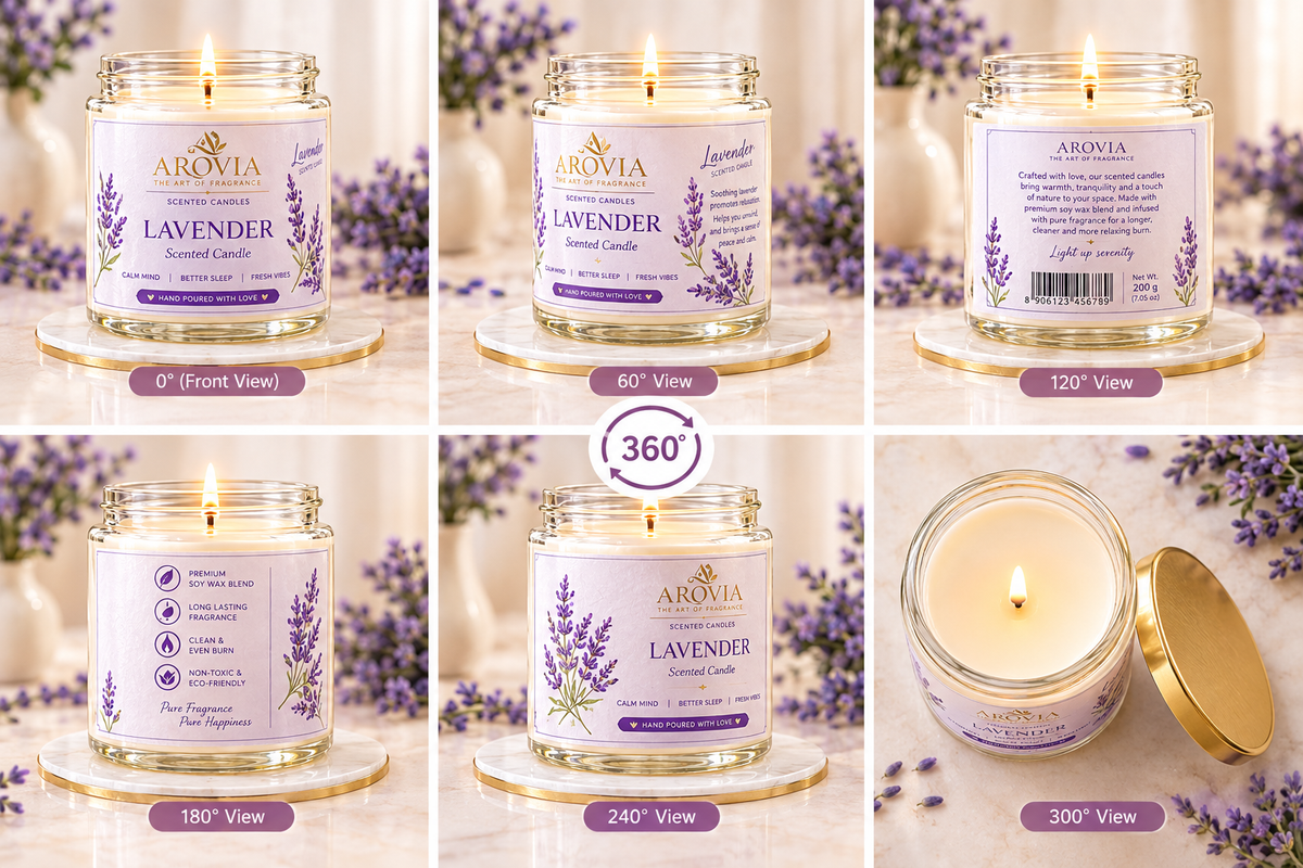 AROVIA Lavender Scented Candle for Home – Premium Floral Fragrance in Elegant Glass Jar with Gold Lid | Pack of 6