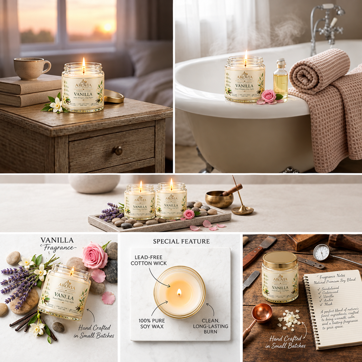 AROVIA Vanilla Scented Candle for Home – Premium Warm Vanilla Fragrance, Elegant Glass Jar with Gold Lid | Pack of 6