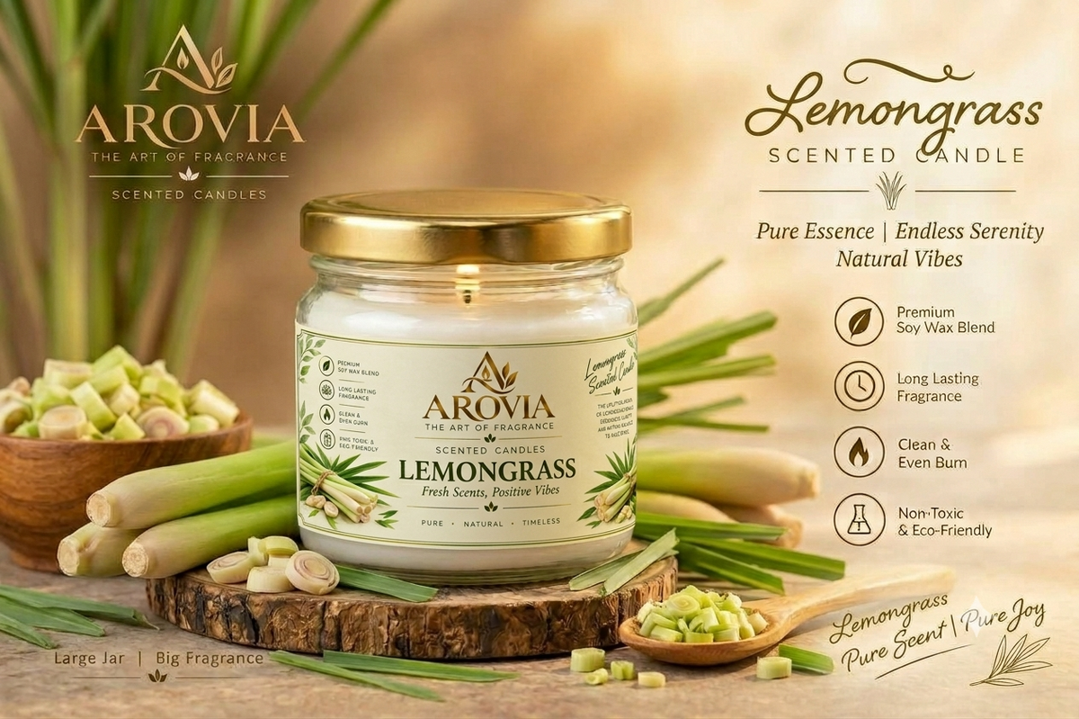 AROVIA Lemongrass Scented Candle for Home – Premium Fresh Botanical Fragrance, Elegant Glass Jar with Gold Lid | Pack of 6