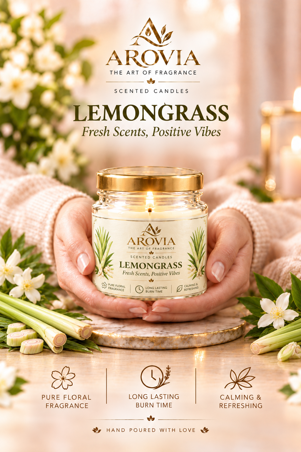AROVIA Lemongrass Scented Candle for Home – Premium Fresh Botanical Fragrance, Elegant Glass Jar with Gold Lid | Pack of 6