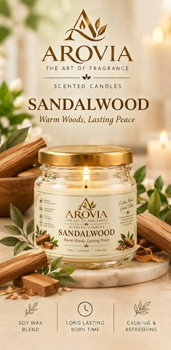AROVIA Sandalwood Scented Candle for Home – Premium Woody Fragrance, Elegant Glass Jar with Gold Lid | Pack of 4
