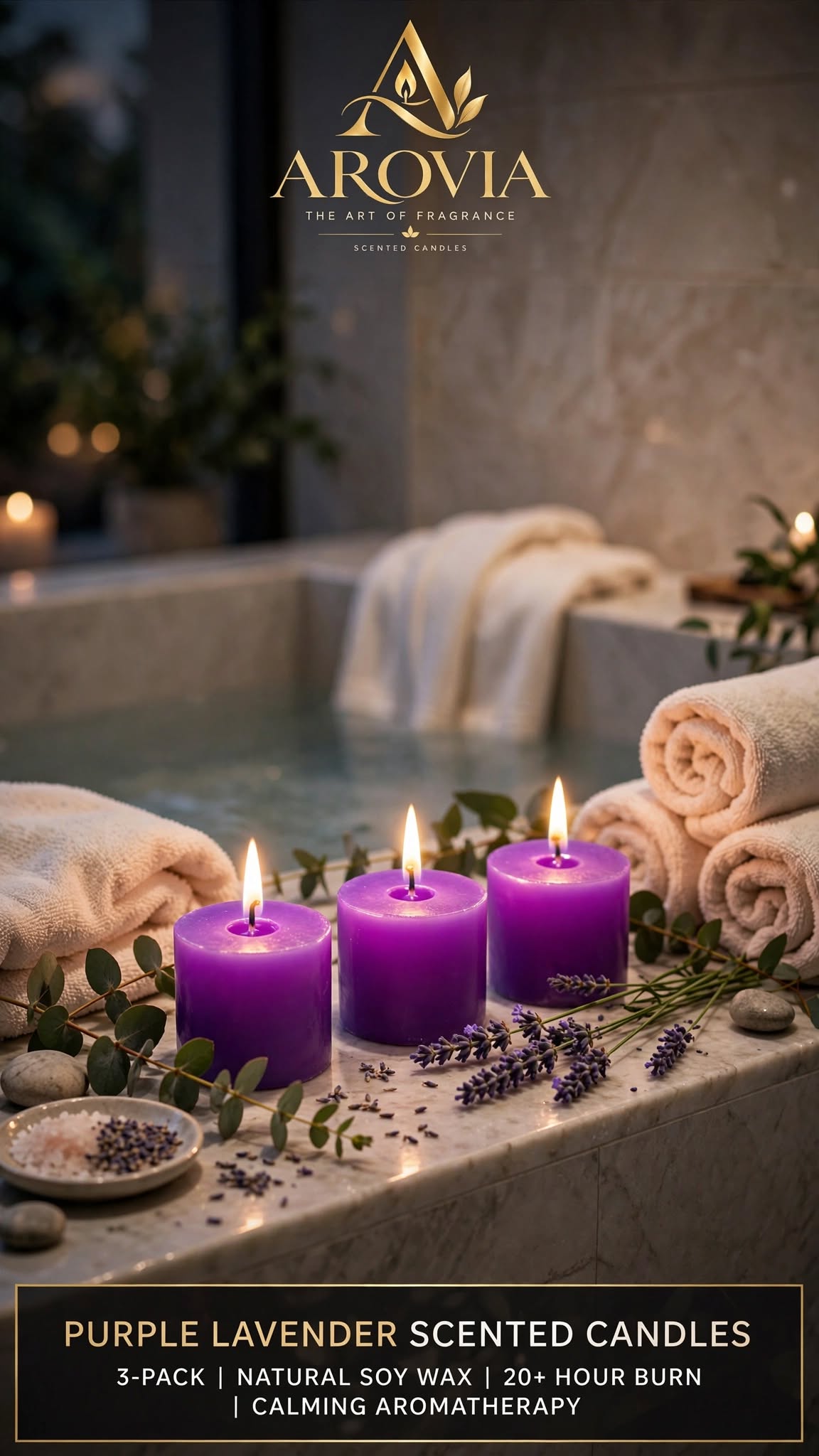 AROVIA Lavender Scented Candles | Pack of 3 Purple Aromatherapy Candles | 100% Natural Soy Wax | 20+ Hours Burn Time | Stress Relief, Relaxation & Meditation | Hand Poured