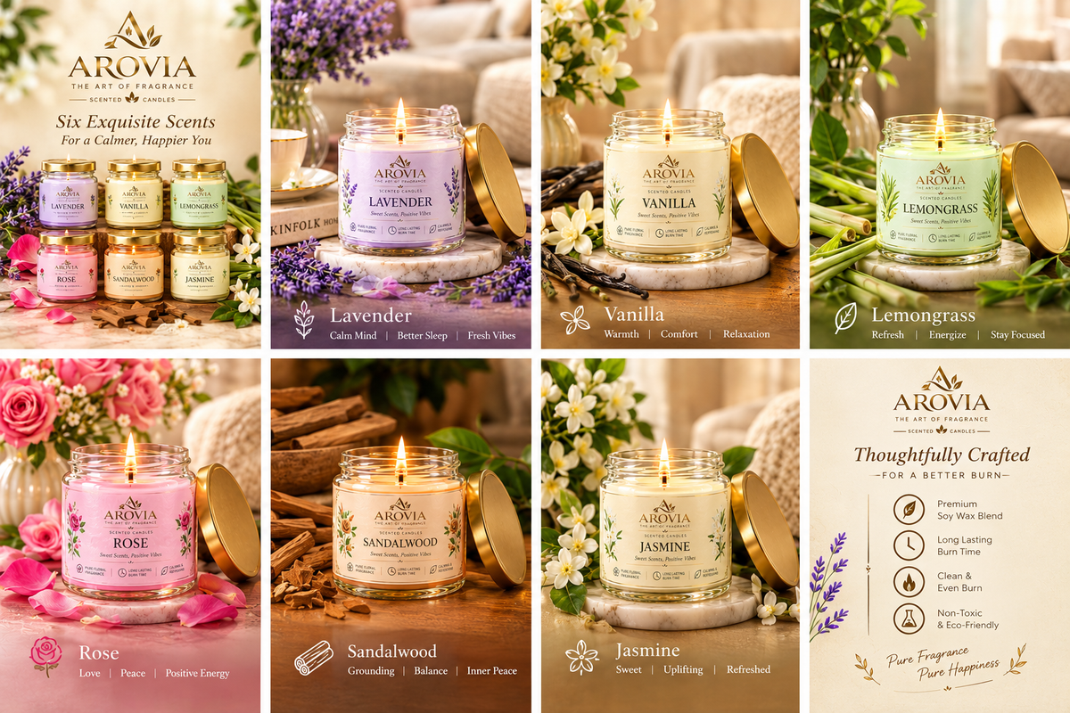 AROVIA Luxury Scented Candle Combo Pack of 6 | Rose, Lavender, Lemongrass, Sandalwood, Vanilla & Jasmine