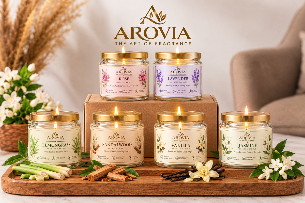 AROVIA Luxury Scented Candle Combo Pack of 6 | Rose, Lavender, Lemongrass, Sandalwood, Vanilla & Jasmine