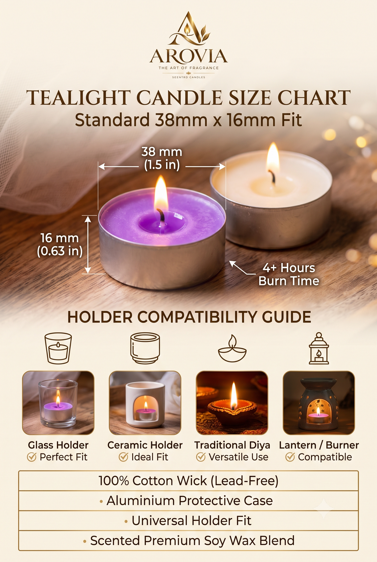AROVIA Tealight Candle Size Chart 38mm x 16mm Standard | Holder Compatibility Guide | Technical Specification Image