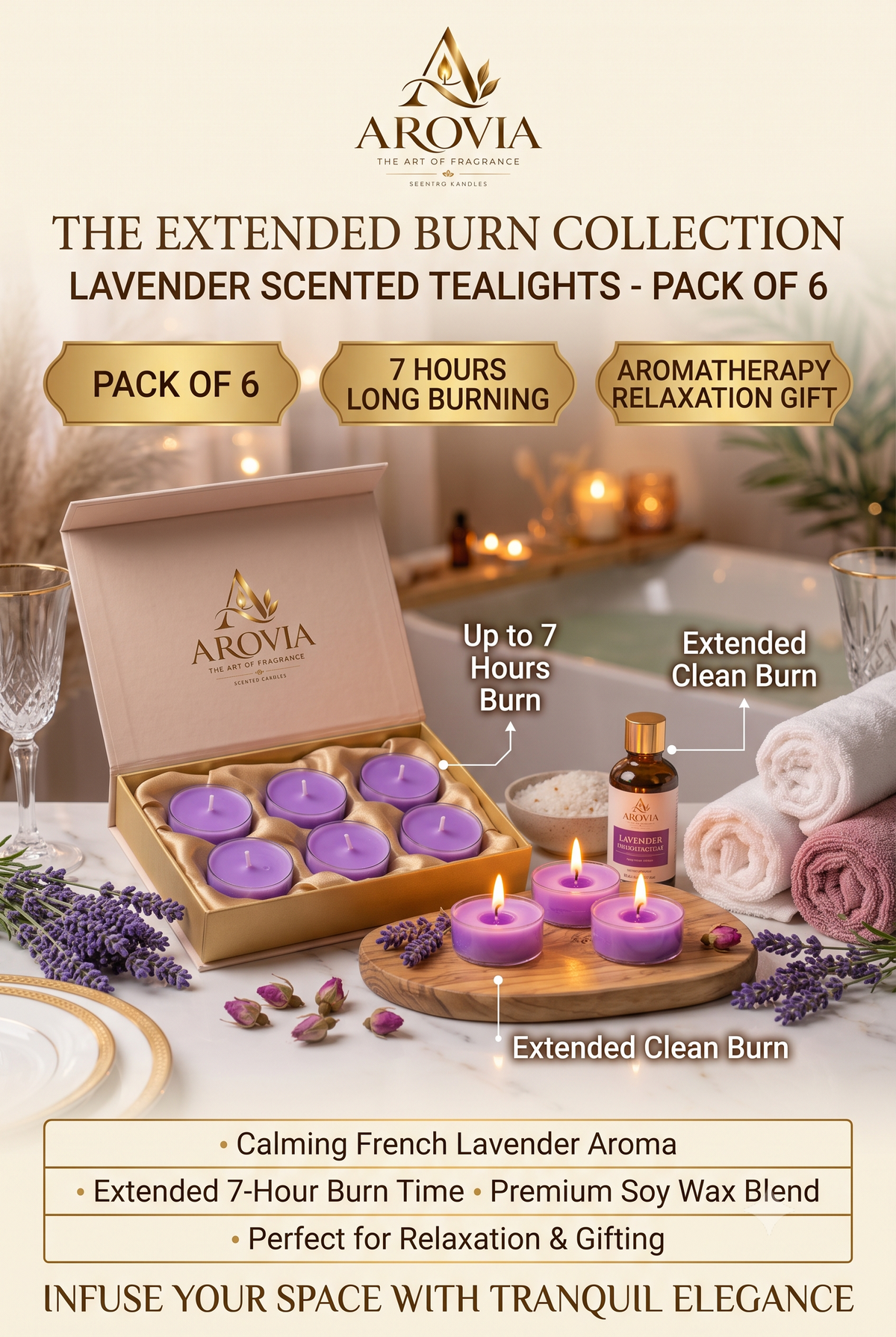AROVIA Lavender Scented Tealight Candles Pack of 6 | Purple | 7 Hours Long Burning | Aromatherapy Relaxation Gift