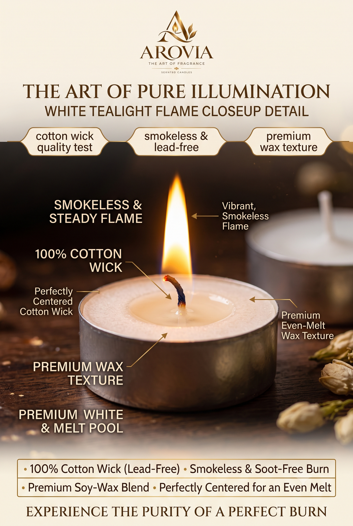 AROVIA White Tealight Flame Closeup Detail | Cotton Wick Quality | Smokeless Test | Premium Wax Texture