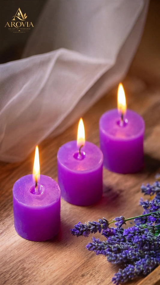 AROVIA Lavender Scented Candles | Pack of 3 Purple Aromatherapy Candles | 100% Natural Soy Wax | 20+ Hours Burn Time | Stress Relief, Relaxation & Meditation | Hand Poured