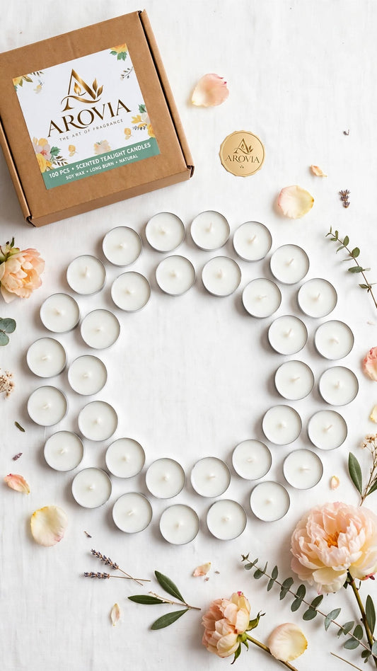 AROVIA White Tealight Candles Pack of 100 | 4-5 Hours Burn Time Each | Smokeless, Dripless & Long Lasting Tealight | Premium Wax | For Diwali, Christmas, Home Decor, Events