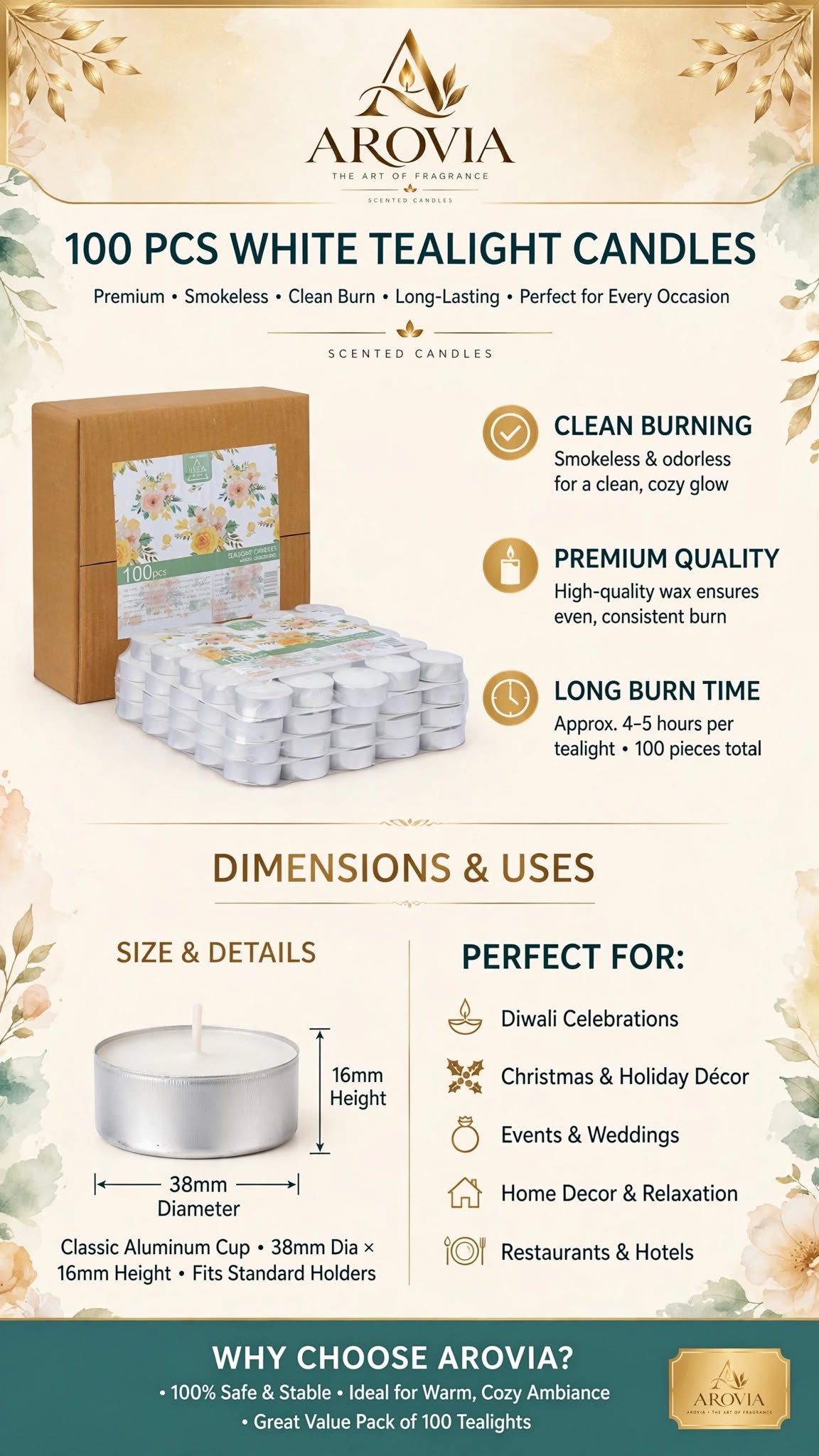 AROVIA White Tealight Candles Pack of 100 | 4-5 Hours Burn Time Each | Smokeless, Dripless & Long Lasting Tealight | Premium Wax | For Diwali, Christmas, Home Decor, Events