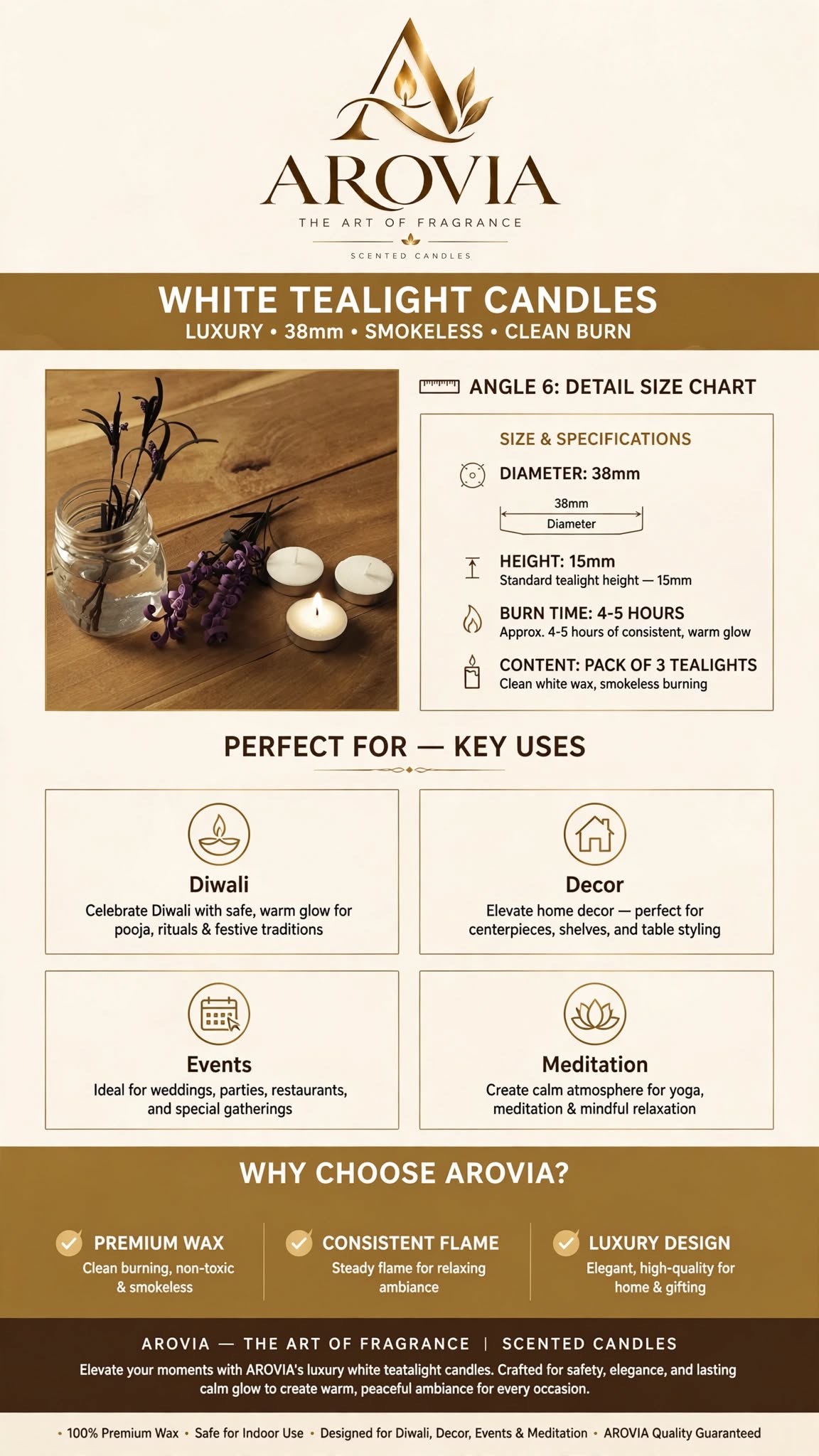 AROVIA White Tealight Candles Pack of 3 / 50 / 100 | 4-5 Hours Burn | Smokeless & Dripless Tealight | Premium Wax | Home Decor, Diwali, Meditation & Gifting