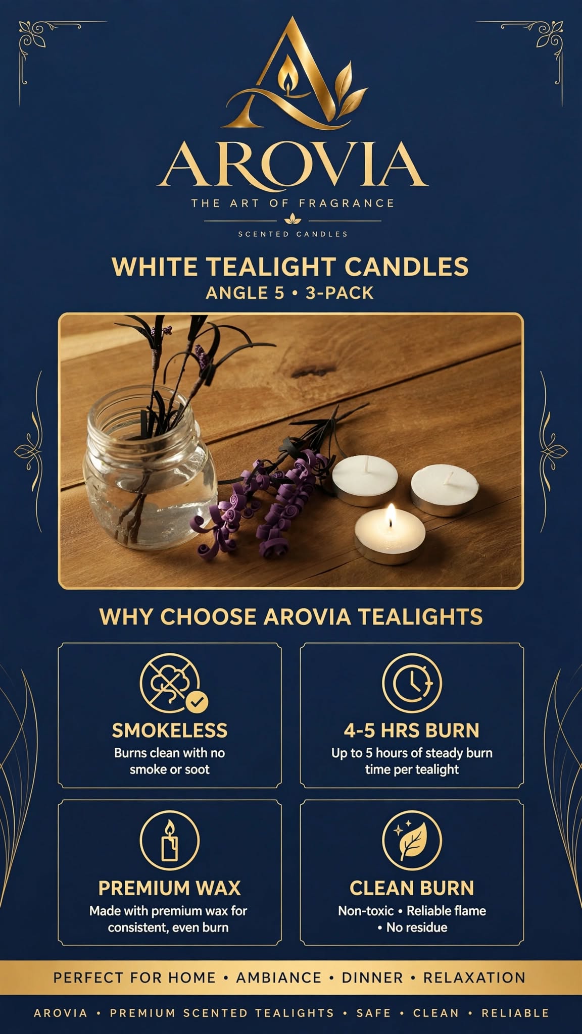 AROVIA White Tealight Candles Pack of 3 / 50 / 100 | 4-5 Hours Burn | Smokeless & Dripless Tealight | Premium Wax | Home Decor, Diwali, Meditation & Gifting