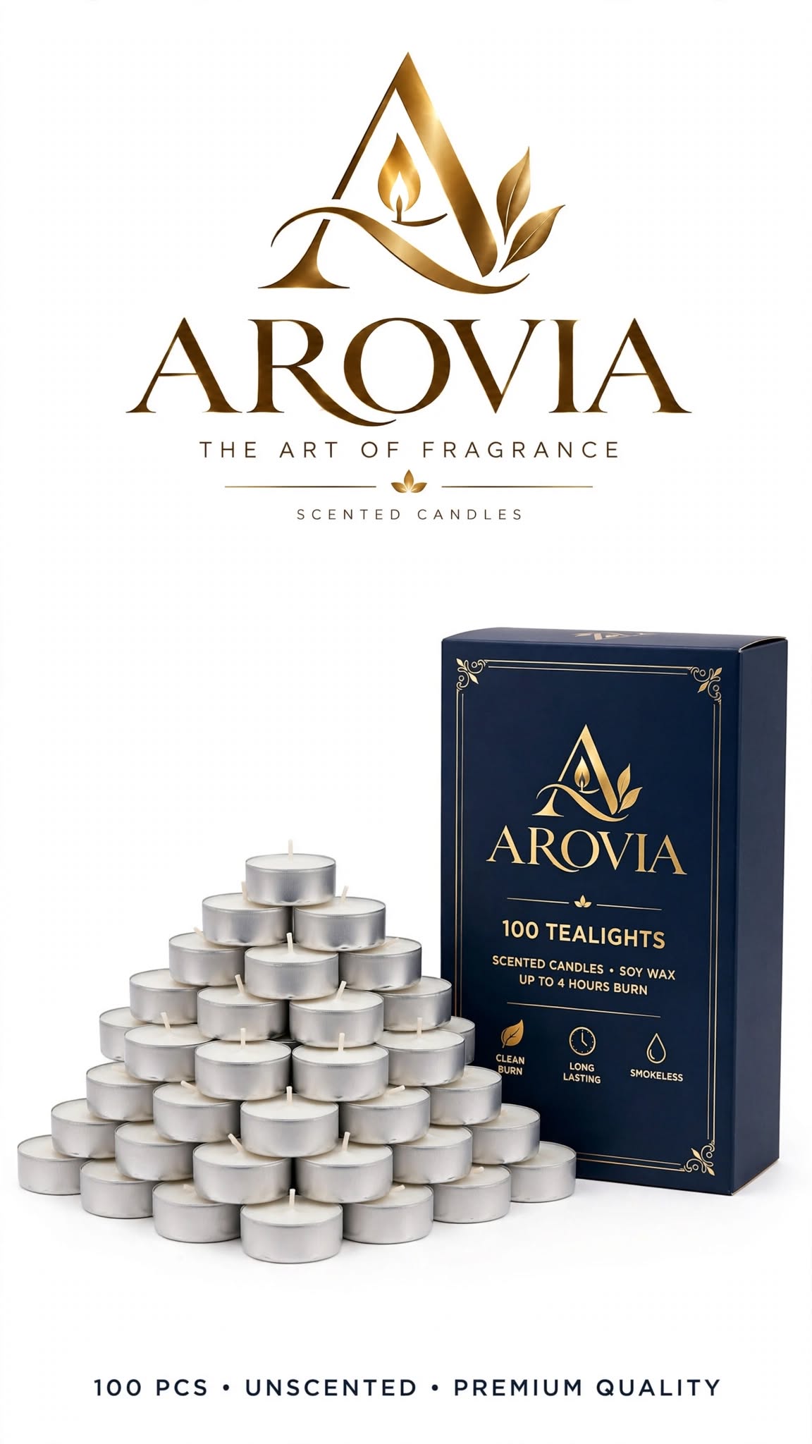 AROVIA White Tealight Candles Pack of 100 | 4-5 Hours Burn Time | Smokeless & Dripless | Premium Wax Tealight Candles | Bulk Pack for Diwali, Christmas, Home Decor, Events, Restaurants