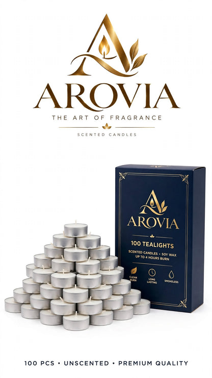 AROVIA White Tealight Candles Pack of 100 | 4-5 Hours Burn Time | Smokeless & Dripless | Premium Wax Tealight Candles | Bulk Pack for Diwali, Christmas, Home Decor, Events, Restaurants