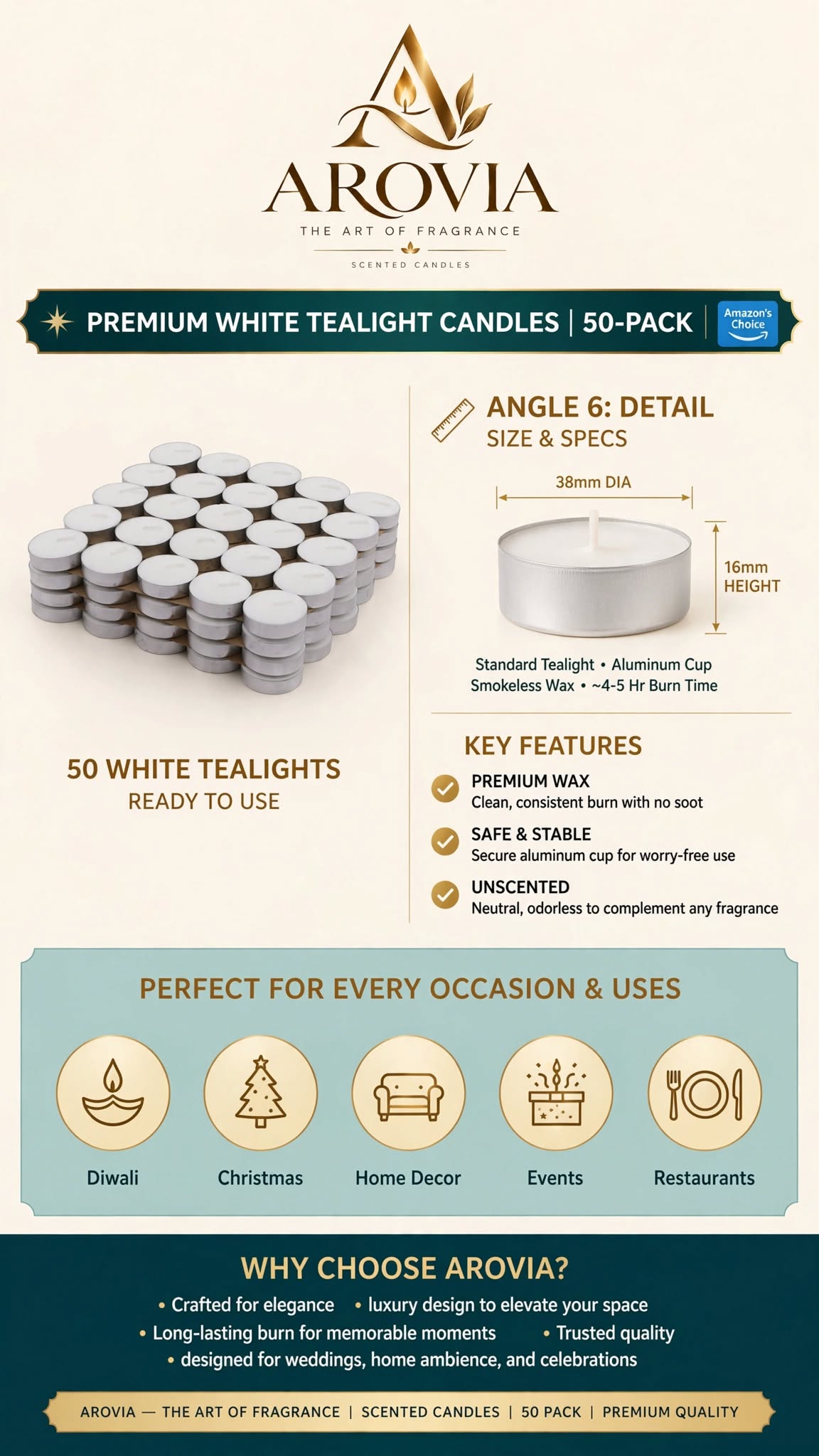 AROVIA White Tealight Candles Pack of 100 | 4-5 Hours Burn Time | Smokeless & Dripless | Premium Wax Tealight Candles | Bulk Pack for Diwali, Christmas, Home Decor, Events, Restaurants