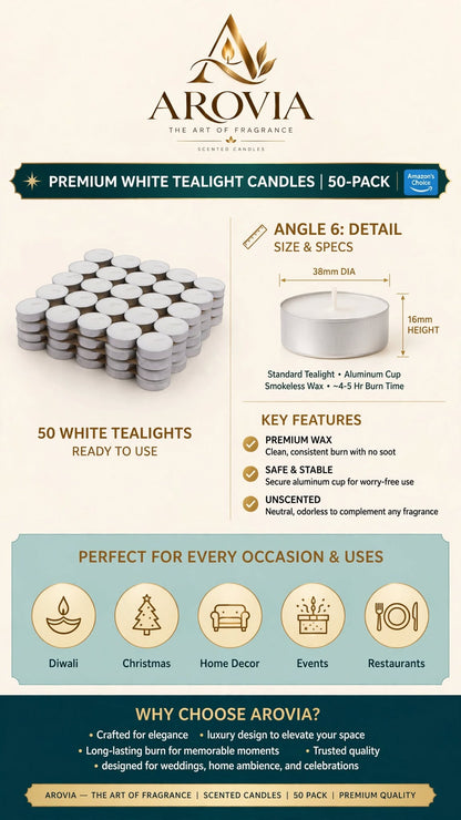 AROVIA White Tealight Candles Pack of 100 | 4-5 Hours Burn Time | Smokeless & Dripless | Premium Wax Tealight Candles | Bulk Pack for Diwali, Christmas, Home Decor, Events, Restaurants