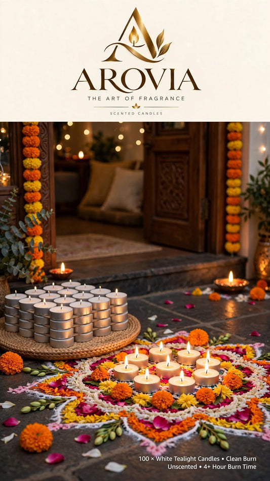 AROVIA White Tealight Candles Pack of 100 | 4-5 Hours Burn Time | Smokeless & Dripless | Premium Wax Tealight Candles | Bulk Pack for Diwali, Christmas, Home Decor, Events, Restaurants