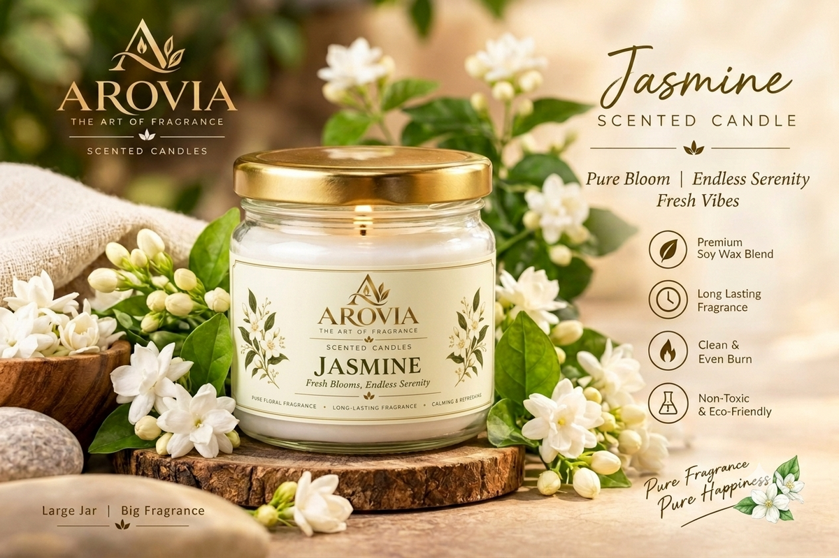 AROVIA Jasmine Scented Candle – Premium Floral Fragrance with Elegant Gold Lid | Pack of 4