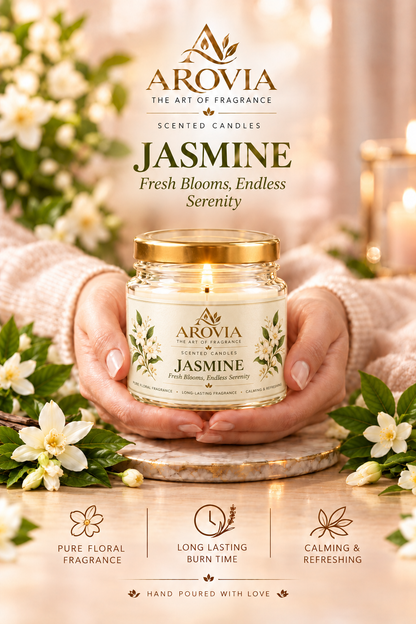 AROVIA Jasmine Scented Candle – Premium Floral Fragrance with Elegant Gold Lid | Pack of 4