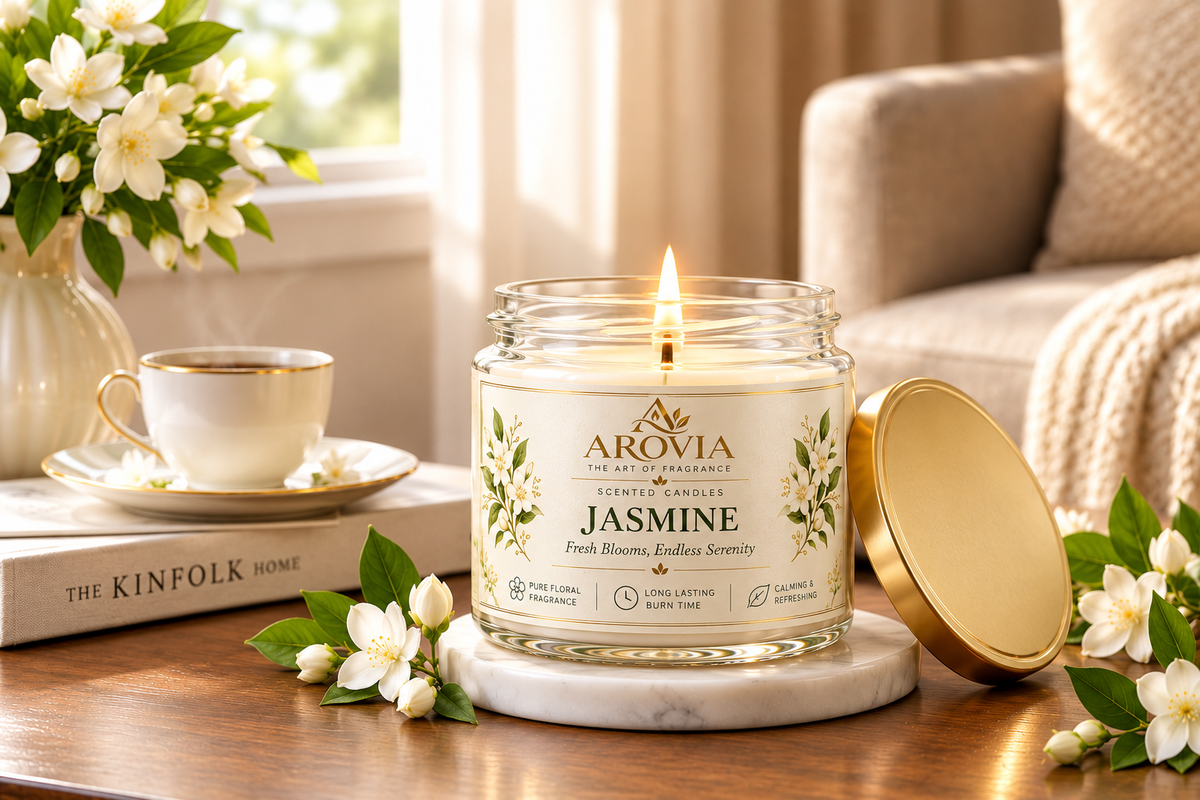 AROVIA Jasmine Scented Candle – Premium Floral Fragrance with Elegant Gold Lid | Pack of 4