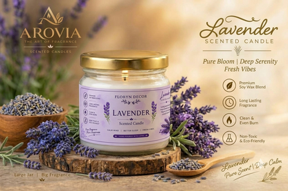 AROVIA Lavender Scented Candle for Home – Premium Floral Fragrance in Elegant Glass Jar with Gold Lid | Pack of 6