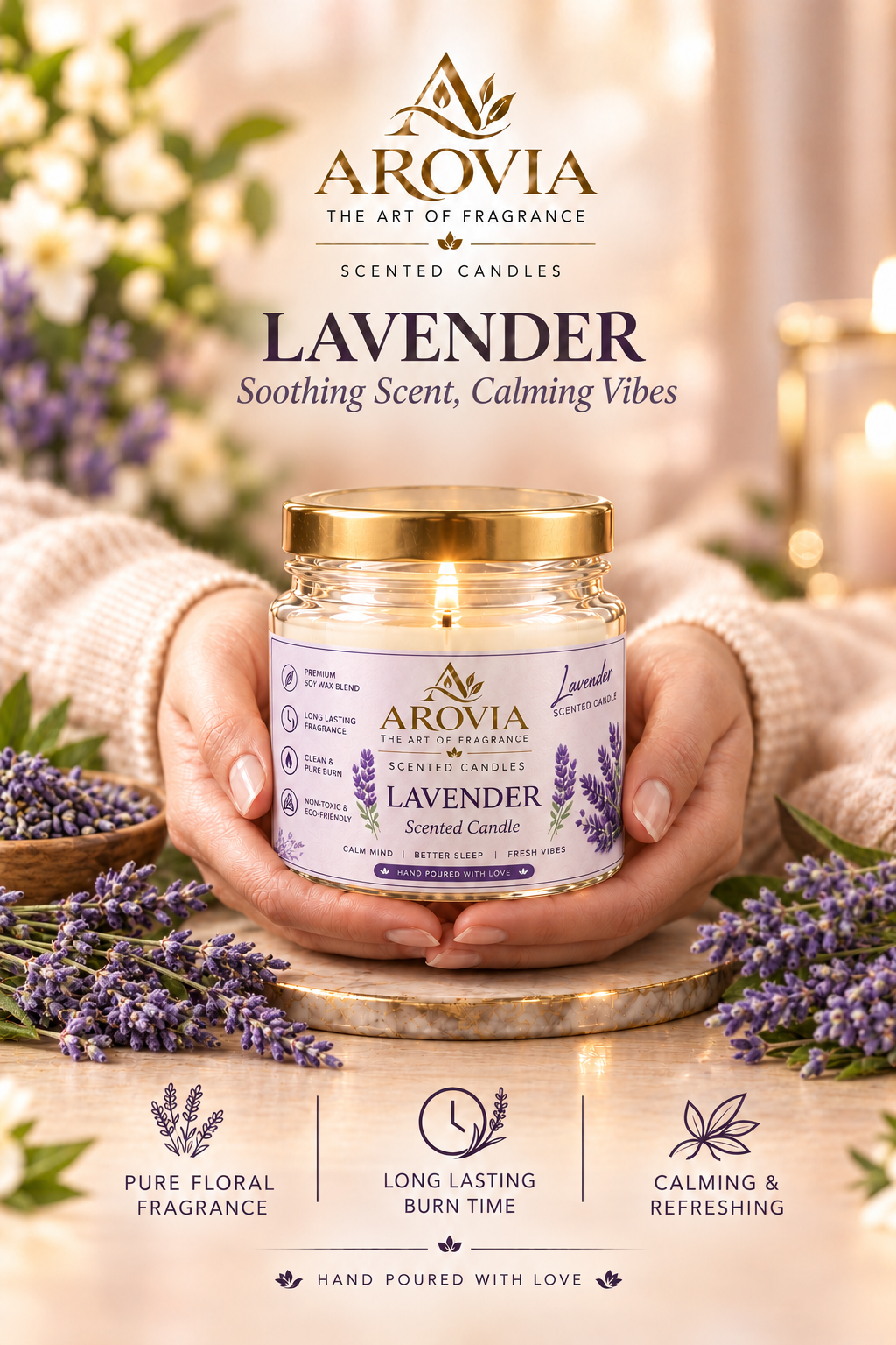 AROVIA Lavender Scented Candle for Home – Premium Floral Fragrance in Elegant Glass Jar with Gold Lid | Pack of 6