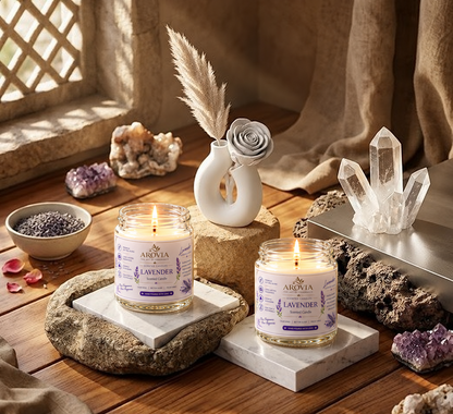 AROVIA Lavender Scented Candle for Home – Premium Floral Fragrance in Elegant Glass Jar with Gold Lid | Pack of 6