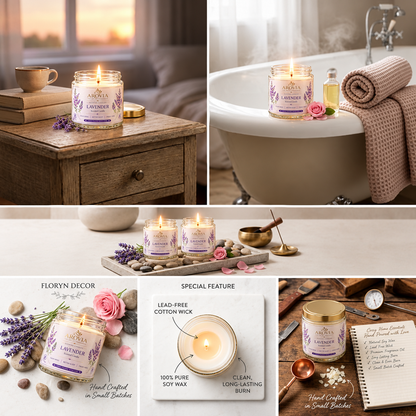 AROVIA Lavender Scented Candle for Home – Premium Floral Fragrance in Elegant Glass Jar with Gold Lid | Pack of 6