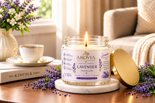 AROVIA Lavender Scented Candle for Home – Premium Floral Fragrance in Elegant Glass Jar with Gold Lid | Pack of 6