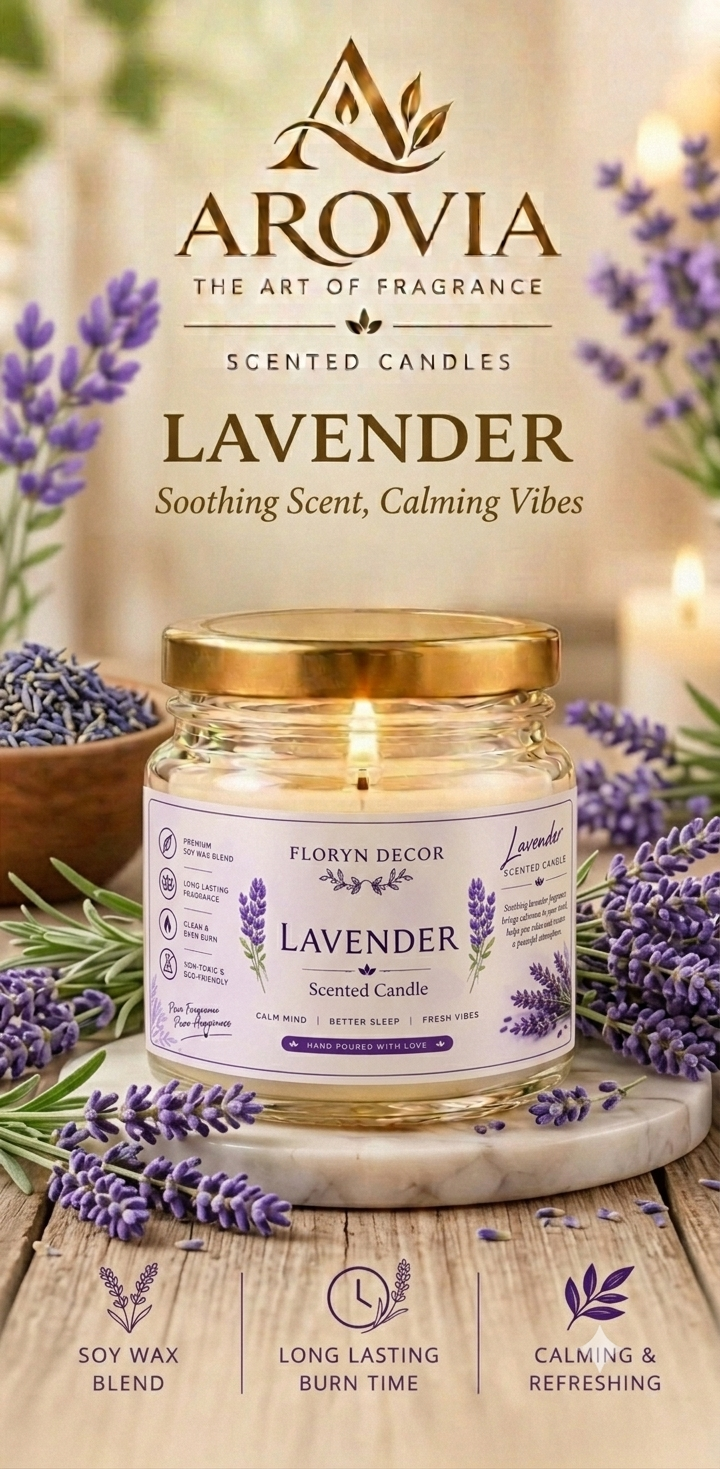 AROVIA Lavender Scented Candle for Home – Premium Floral Fragrance in Elegant Glass Jar with Gold Lid | Pack of 6