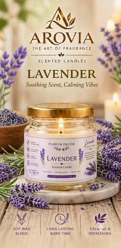 AROVIA Lavender Scented Candle for Home – Premium Floral Fragrance in Elegant Glass Jar with Gold Lid | Pack of 6