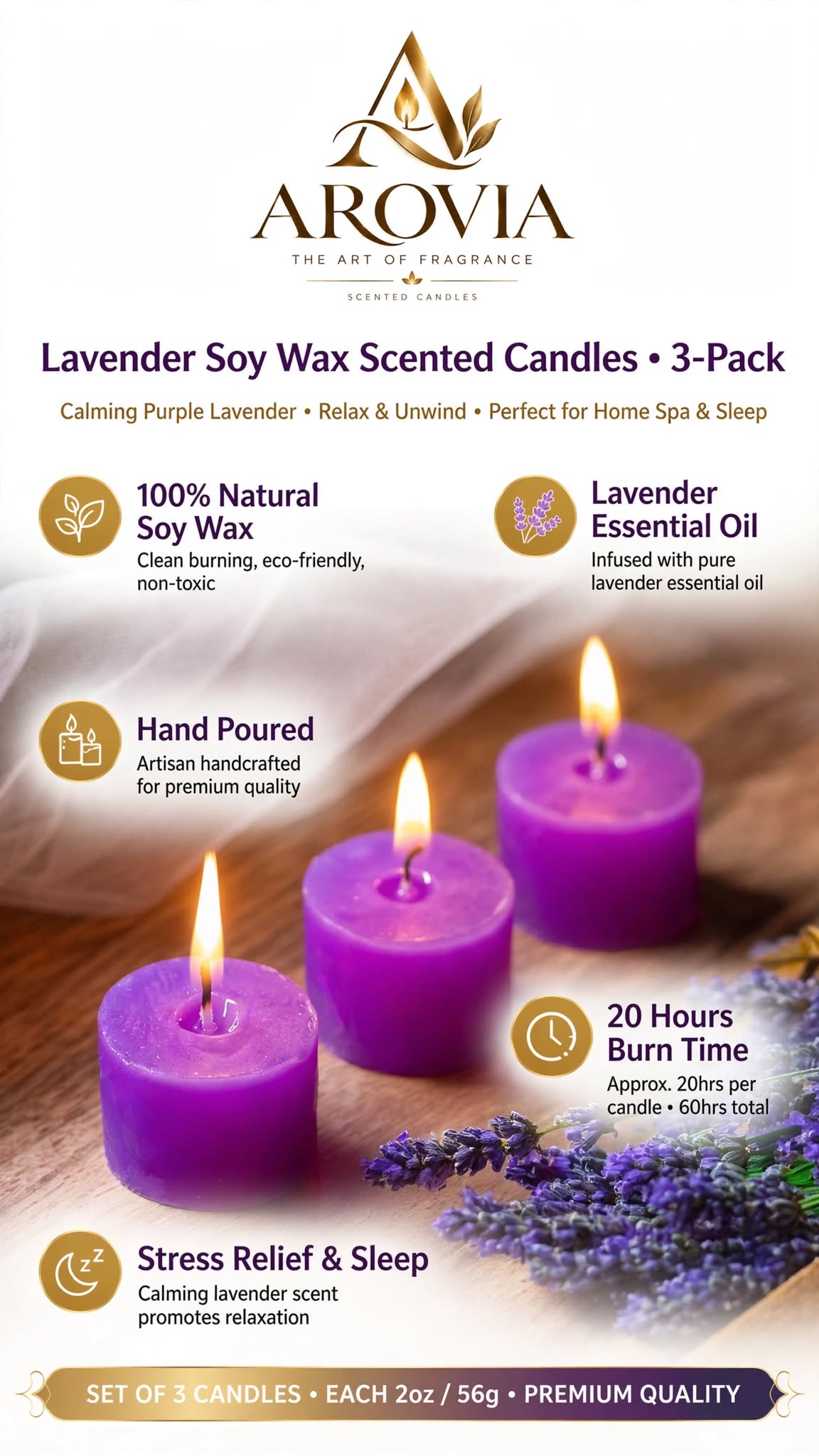 AROVIA Lavender Scented Candles | Pack of 3 Purple Aromatherapy Candles | 100% Natural Soy Wax | 20+ Hours Burn Time | Stress Relief, Relaxation & Meditation | Hand Poured