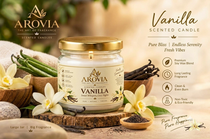 AROVIA Vanilla Scented Candle for Home – Premium Warm Vanilla Fragrance, Elegant Glass Jar with Gold Lid | Pack of 6