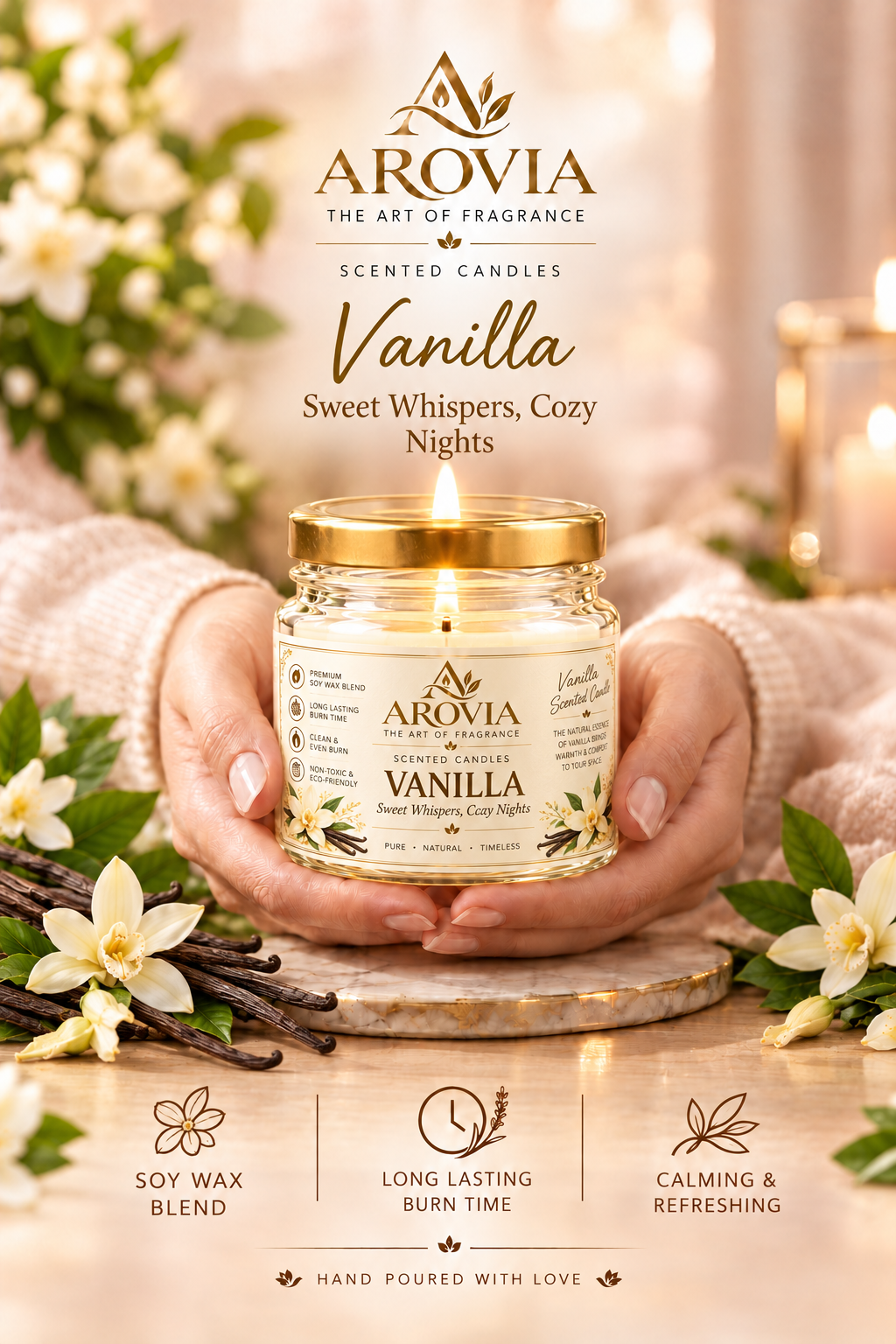 AROVIA Vanilla Scented Candle for Home – Premium Warm Vanilla Fragrance, Elegant Glass Jar with Gold Lid | Pack of 6
