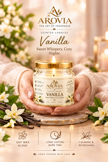 AROVIA Vanilla Scented Candle for Home – Premium Warm Vanilla Fragrance, Elegant Glass Jar with Gold Lid | Pack of 6