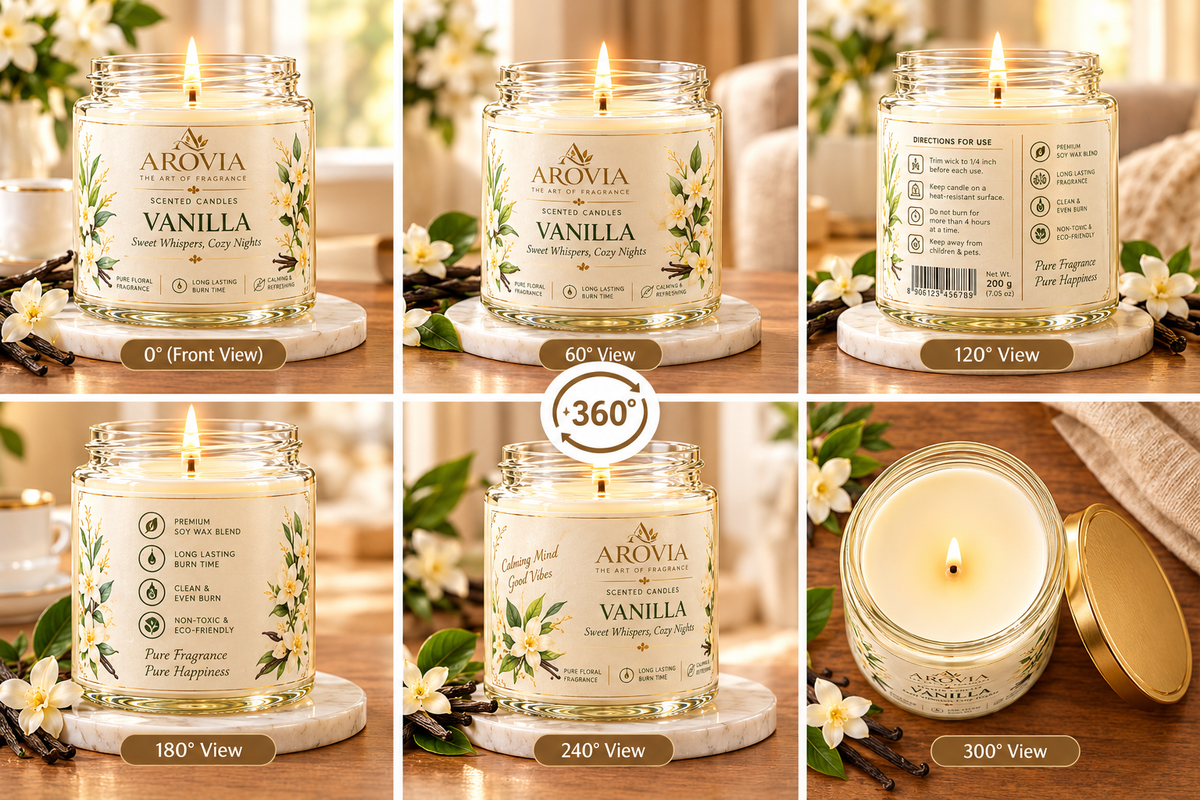 AROVIA Vanilla Scented Candle for Home – Premium Warm Vanilla Fragrance, Elegant Glass Jar with Gold Lid | Pack of 6