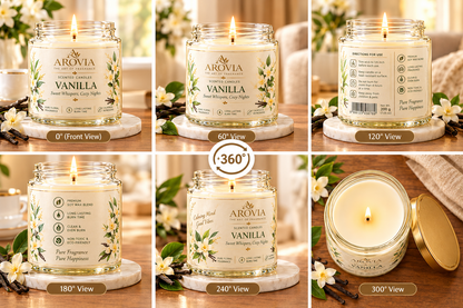 AROVIA Vanilla Scented Candle for Home – Premium Warm Vanilla Fragrance, Elegant Glass Jar with Gold Lid | Pack of 6