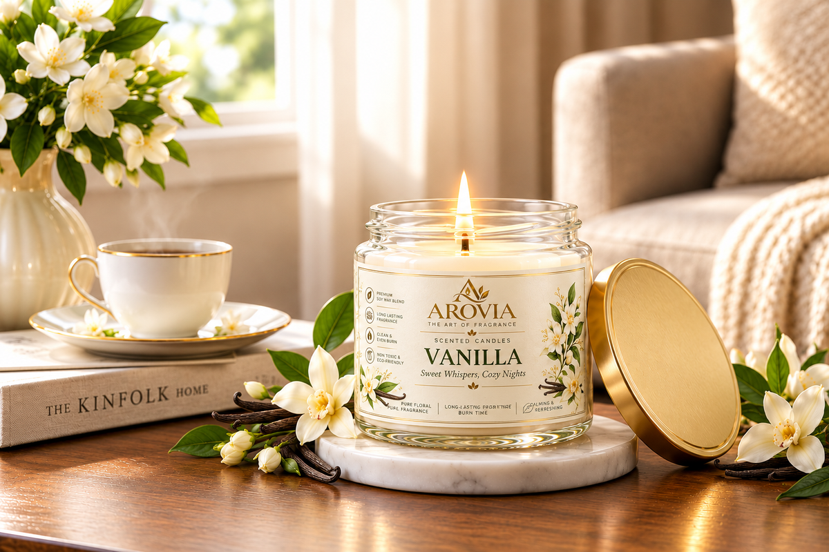 AROVIA Vanilla Scented Candle for Home – Premium Warm Vanilla Fragrance, Elegant Glass Jar with Gold Lid | Pack of 6