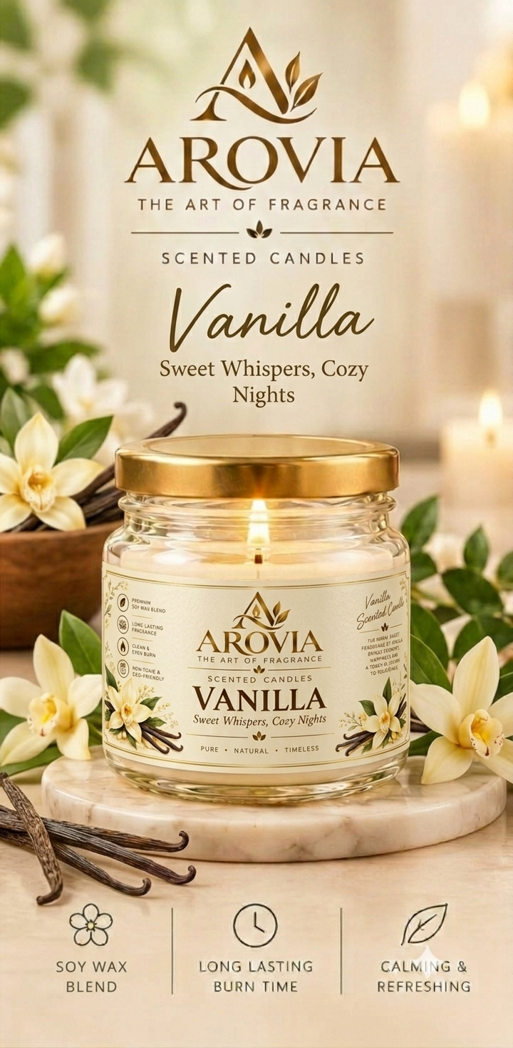 AROVIA Vanilla Scented Candle for Home – Premium Warm Vanilla Fragrance, Elegant Glass Jar with Gold Lid | Pack of 6