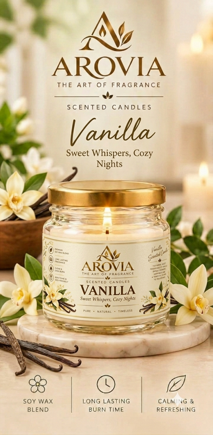AROVIA Vanilla Scented Candle for Home – Premium Warm Vanilla Fragrance, Elegant Glass Jar with Gold Lid | Pack of 6