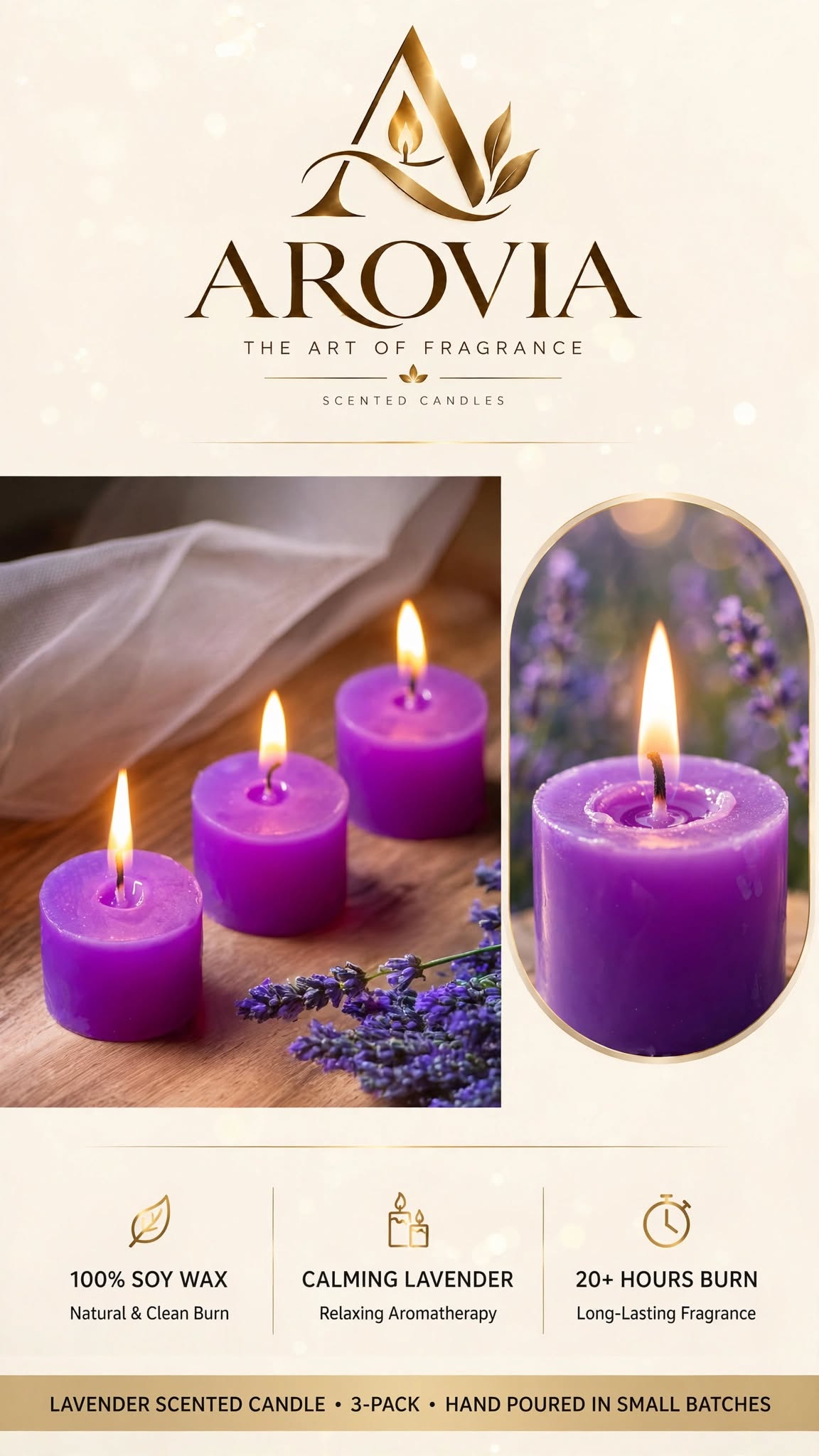 AROVIA Lavender Scented Candles | Pack of 3 Purple Aromatherapy Candles | 100% Natural Soy Wax | 20+ Hours Burn Time | Stress Relief, Relaxation & Meditation | Hand Poured