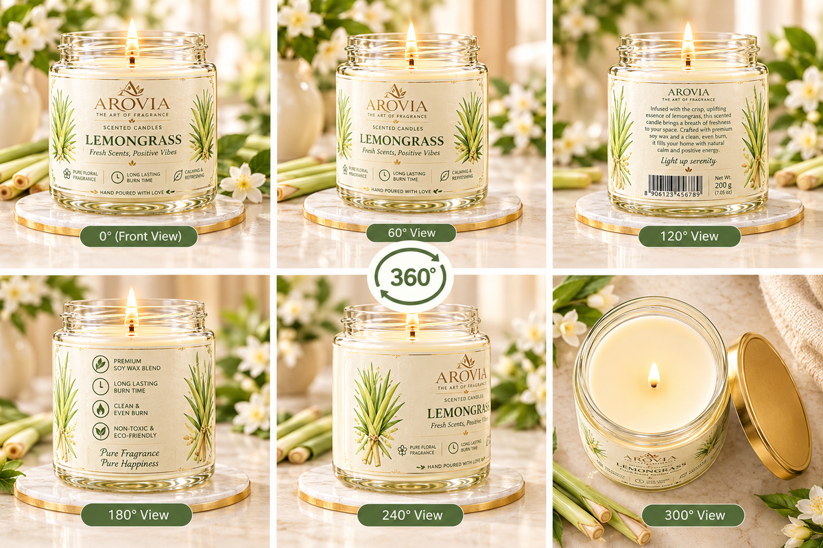 AROVIA Lemongrass Scented Candle for Home – Premium Fresh Botanical Fragrance, Elegant Glass Jar with Gold Lid | Pack of 6