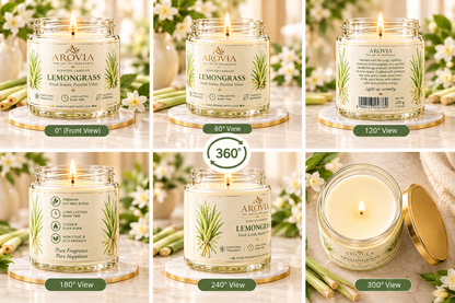 AROVIA Lemongrass Scented Candle for Home – Premium Fresh Botanical Fragrance, Elegant Glass Jar with Gold Lid | Pack of 6